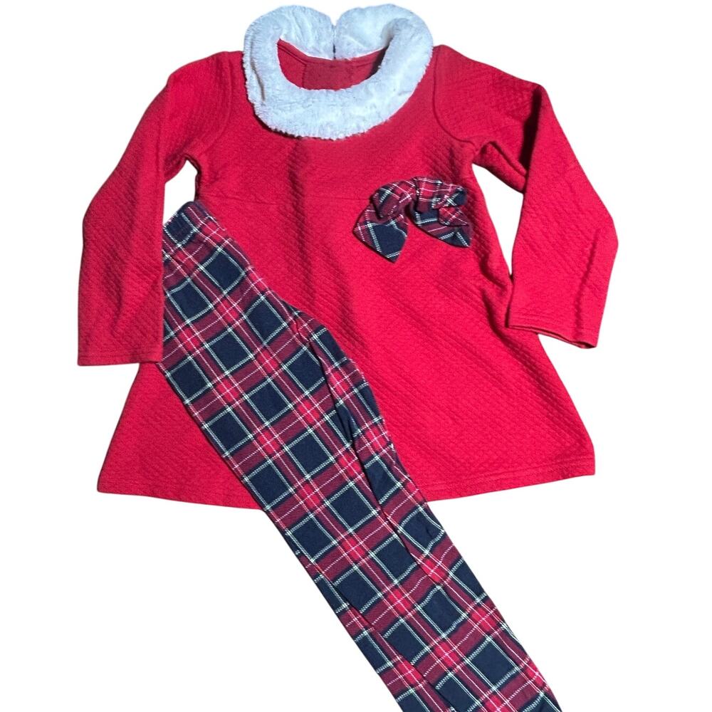 Goodlad Girls Christmas Pant set Red Top & Red & Navy plaid pants size 5
